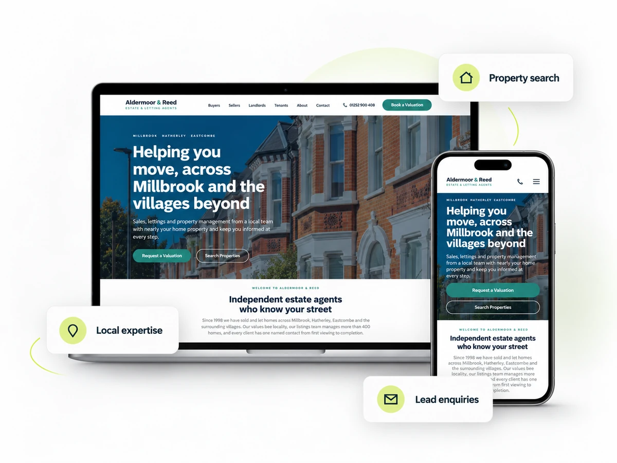 Illustrative estate agency website on a laptop and mobile phone: a white homepage with a large photo of a red-brick street and a book a valuation button, with highlight cards beside it: Property search, Local expertise and Lead enquiries.