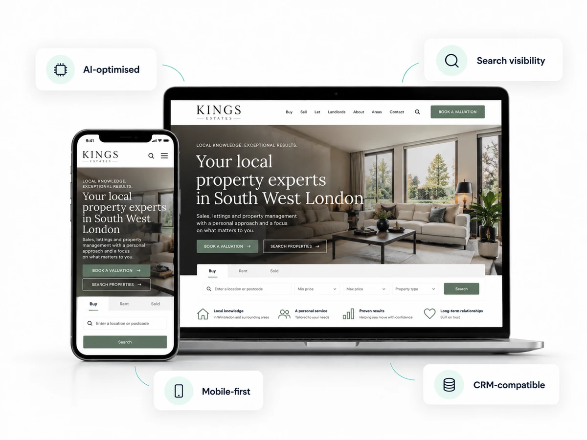 Illustrative estate agency website on a laptop and mobile phone, surrounded by highlight cards: AI-optimised, Search visibility, Mobile-first and CRM-compatible.
