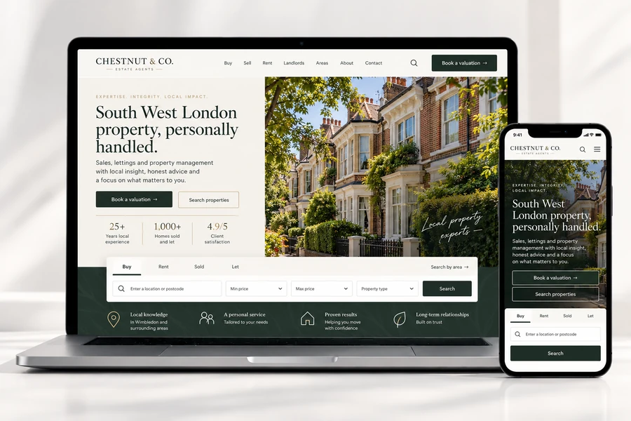 Example design for Chestnut & Co. Estate Agents on a laptop and mobile phone: a cream and dark green homepage with a serif logo, a large photo of a Victorian terrace under trees, a property search and a row of four highlights. Illustrative example.