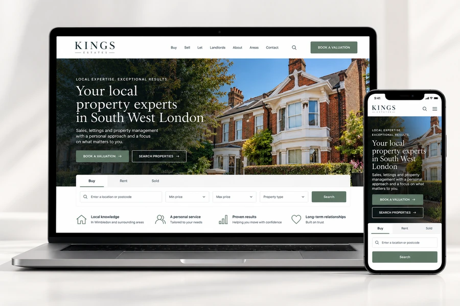 Example design for Kings Estates on a laptop and mobile phone: a white and sage-green homepage with a large photo of a red-brick house and a property search. Illustrative example.