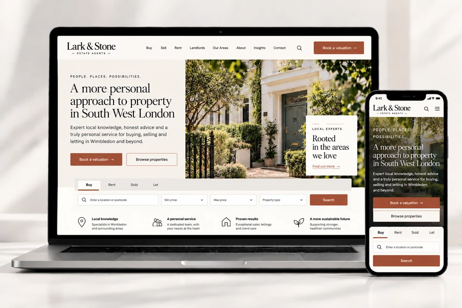 Example design for Lark & Stone Estate Agents on a laptop and mobile phone: a cream homepage with a serif logo and terracotta buttons, a large photo of a white townhouse doorway beside the headline &lsquo;A more personal approach to property&rsquo;, and a property search. Illustrative example.